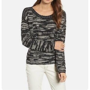 EILEEN FISHER BLACK AND SOFT WHITE ORGANIC COTTON BATEAU NECK SWEATER SI…